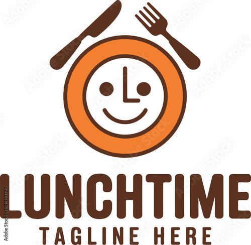 Lunchtime Logo with Smiling Clock Face Knife Fork and Bold Typography – Food and Mealtime Branding Vector Illustration