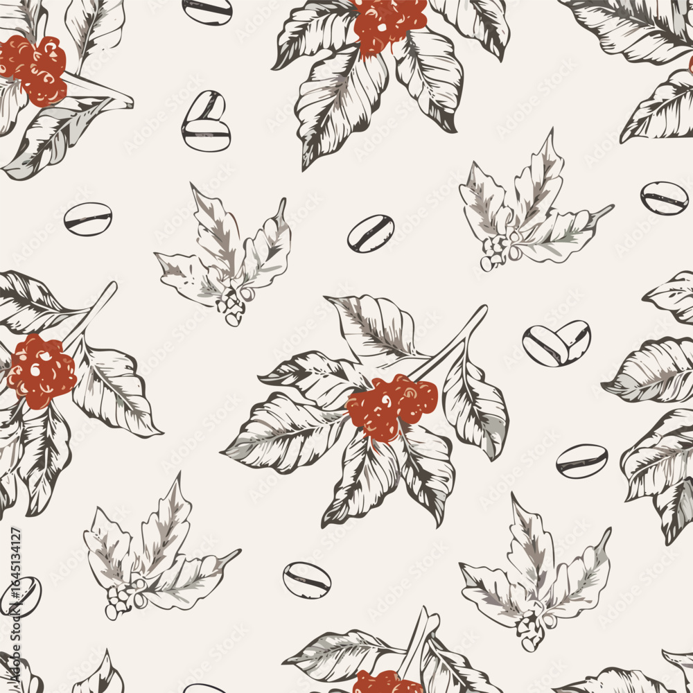 Fototapeta premium Vintage coffee plant pattern with leaves, flowers, and coffee cherries in two-color hand-drawn style