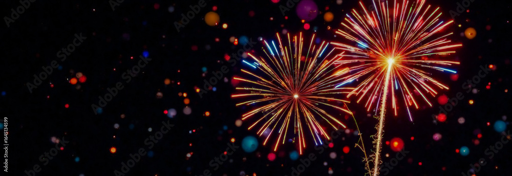 Fototapeta premium fireworks lights on a black background. Christmas and New Year greeting card. 3d illustration