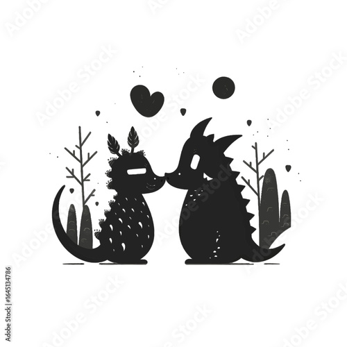 Black silhouette of a two dragons on white background.