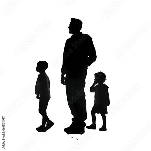 Black silhouette of father with son and daughter on white background.