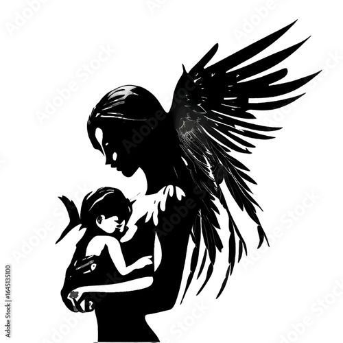 Vector illustration of a woman and baby in black silhouette against a clean white background, capturing graceful forms.