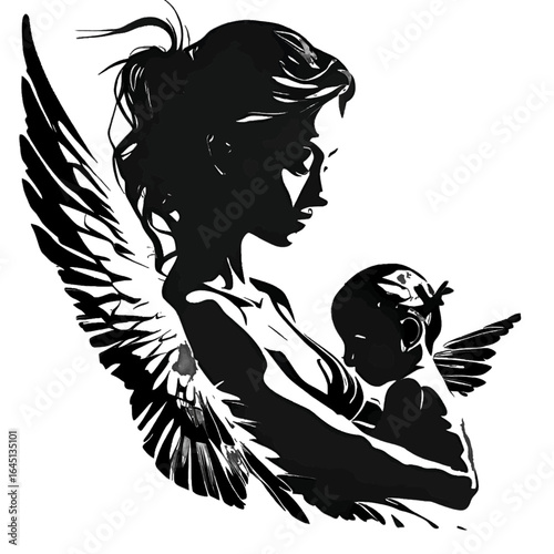 Vector illustration of a woman and baby in black silhouette against a clean white background, capturing graceful forms.