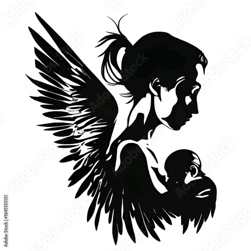 Vector illustration of a woman and baby in black silhouette against a clean white background, capturing graceful forms.