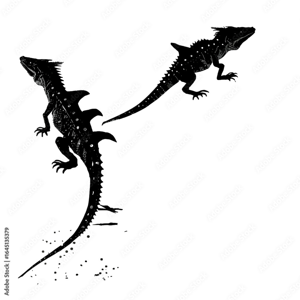 Fototapeta premium Black silhouette of lizards on white background.