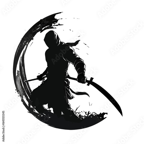 Black silhouette of samurai in a circle on white background.