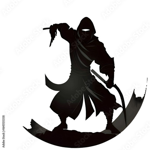 Black silhouette of samurai in a circle on white background.