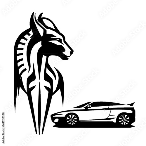 Black silhouette of horse and car on white background. Logo