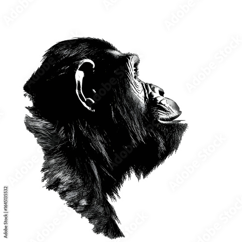 Black silhouette of a chimpanzee on white background.