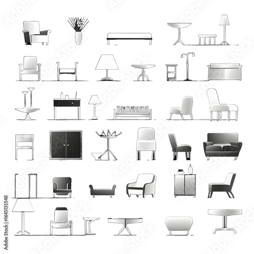 White silhouette of furniture icons set on black background.