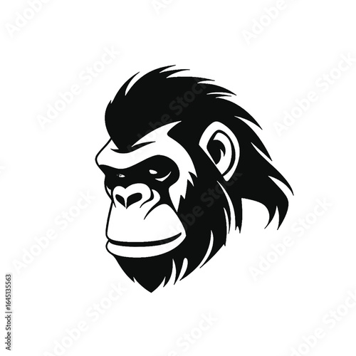 Black silhouette of a chimpanzee heads on white background.