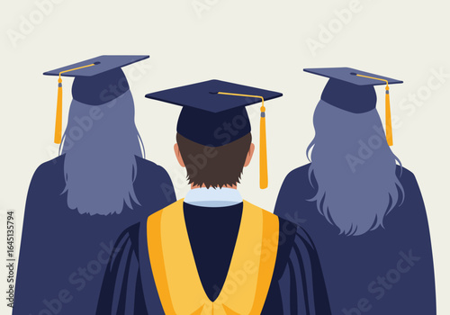 Three diverse graduates in cap and gown seen from the back, representing educational achievement and the bright future ahead.