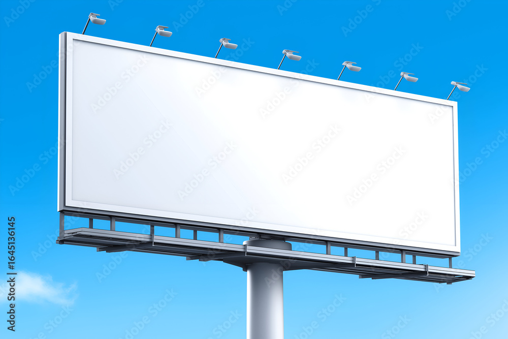 Obraz premium Blank White Billboard Against Bright Blue Sky Advertising Mockup. Mock up promotion information for marketing announcements and details, blank white space.