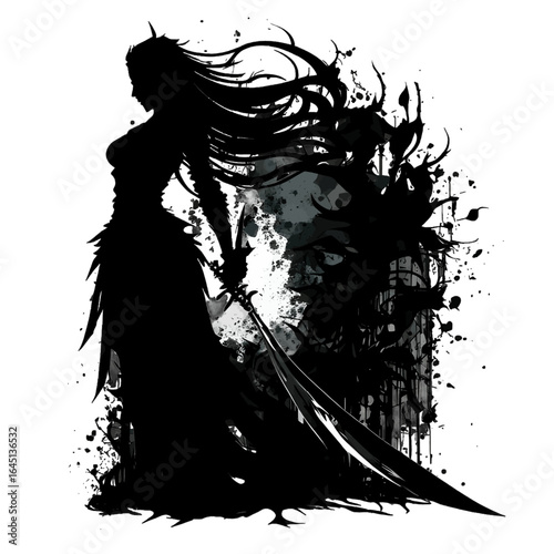 Black silhouette of a girl with sword on grey background.