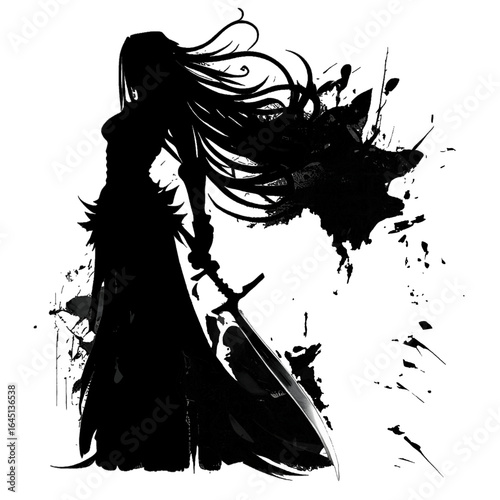 Black silhouette of a girl with sword on grey background.