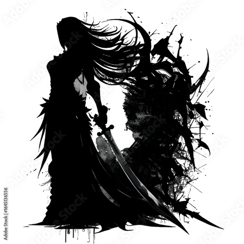 Black silhouette of a girl with sword on grey background.