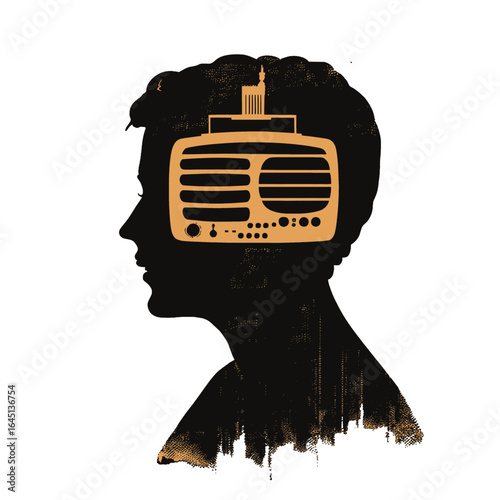 Black silhouette of a man with a radio on orange background.