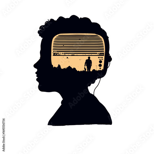 Black silhouette of a man with a radio on orange background.