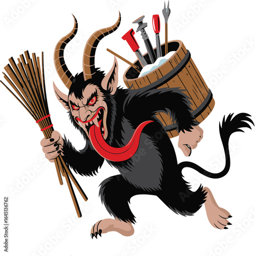 A Krampus Cartoon with Broom and Wooden Tub Full of Punishments on White Background for Festive Holiday