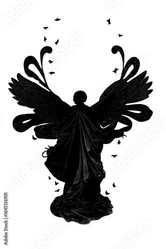 Black silhouette of a woman as angel on white background.