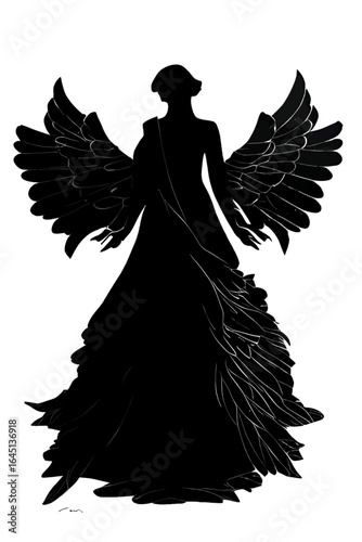 Black silhouette of a woman as angel on white background.