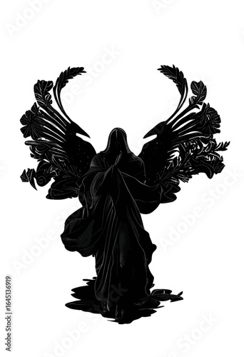 Black silhouette of a woman as angel on white background.