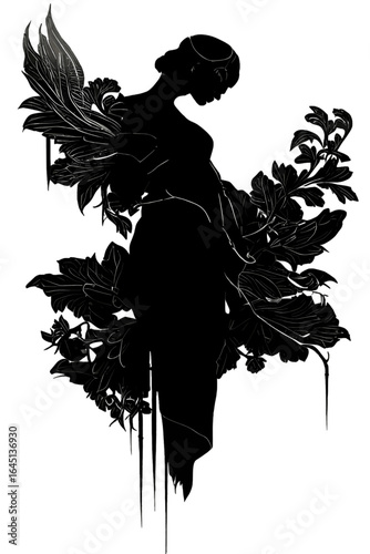 Black silhouette of a woman as angel on white background.