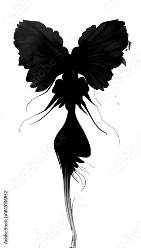 Black silhouette of a woman as angel on white background.
