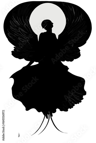 Black silhouette of a woman as angel on white background.