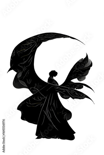 Black silhouette of a woman as angel on white background.