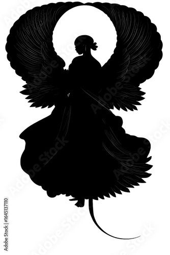 Black silhouette of a woman as angel on white background.