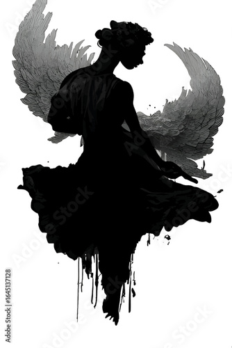 Black silhouette of a woman as angel on white background.
