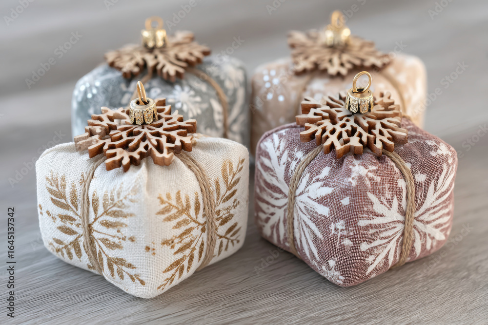 Fototapeta premium Four square fabric ornaments decorated with twine and wooden snowflakes
