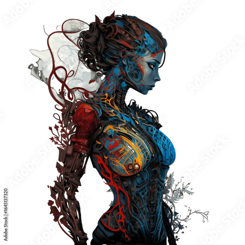 Colorful composition of a machine woman on a white background