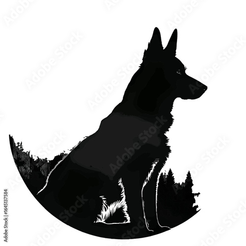 Black silhouette of a dog in circle on white background.