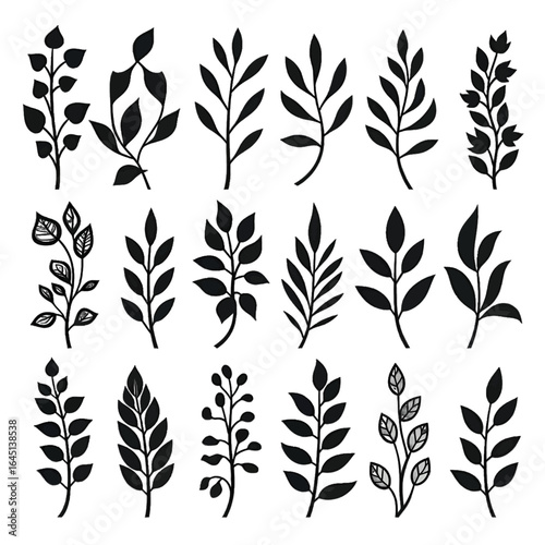 Black silhouette of leaves on white background.
