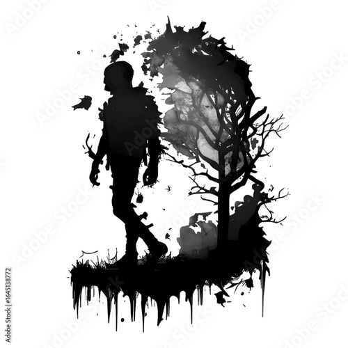 Black silhouette of a walking man on white background.