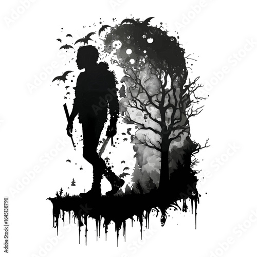 Black silhouette of a walking man on white background.