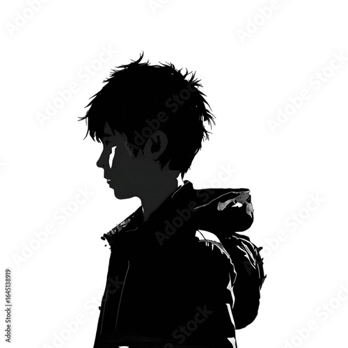 Black silhouette of a boy with a backpack on white background.