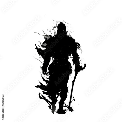 Black silhouette of a warrior on dark background.