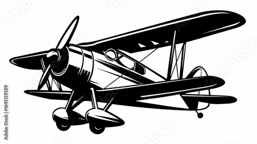 Illustration of a vintage biplane with propeller and wings in black and white detailed drawing style silhouette
