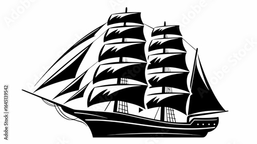 Illustration of a tall ship with multiple sails set against a white background in black and white style silhouette