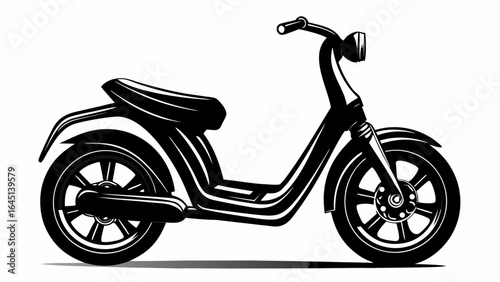Illustration of a vintage style black and white moped with headlight and detailed wheels design style silhouette