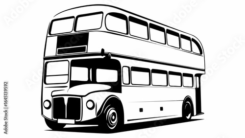 Illustration of a classic double decker bus with detailed windows and a vintage design in black and white style silhouette