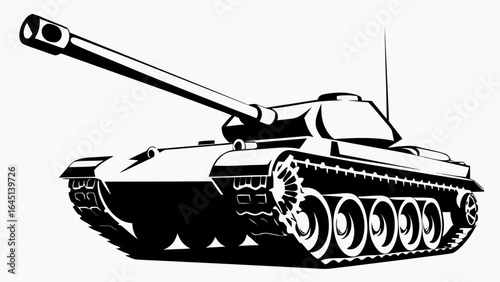 Illustration of a black and white tank with a long barrel and multiple wheels on a white background silhouette