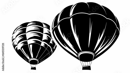 Two hot air balloons floating in the sky with a black and white color scheme and striped pattern design silhouette