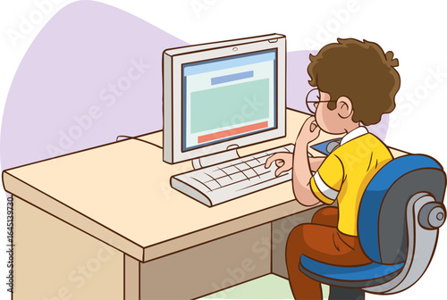 Student boy sitting at home office desk, doing school homework, surfing internet on desktop computer.