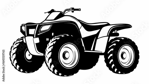 Illustration of a black and white all terrain vehicle with large tires and detailed body design present silhouette