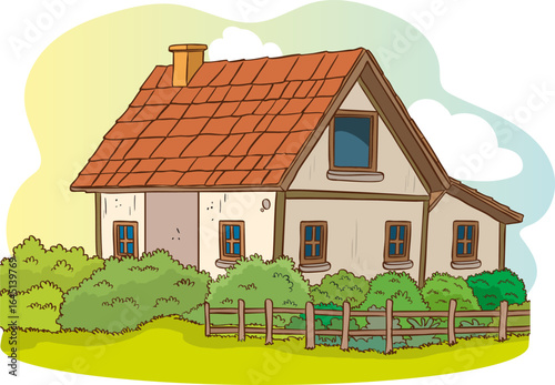 Country house with large garden on a street in summer.