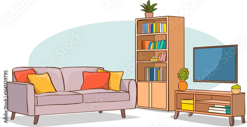 television watching concept, vector illustration.Modern living room interior with flat screen. TV on wooden media console, interior and comfortable home furniture